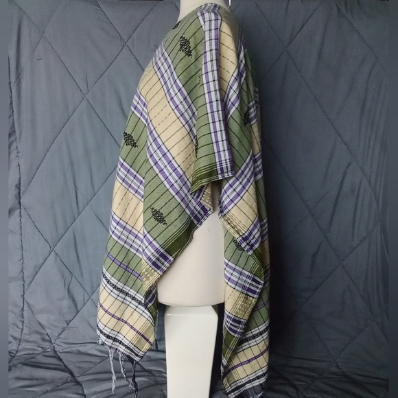 Large Multi Colored Poncho Stripes & Tassels V Neck Style Purple Green Yellow - Picture 2 of 10